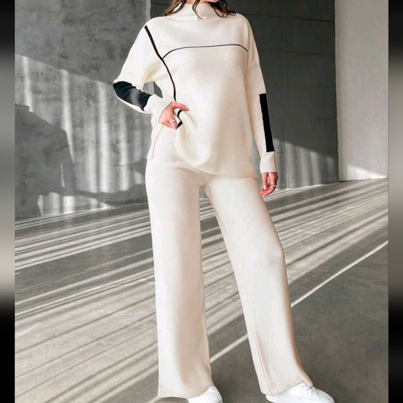 Women's Stand Collar Colorblock Long Sleeve Sweater And Knitted Pants Set - Picture 4 of 4